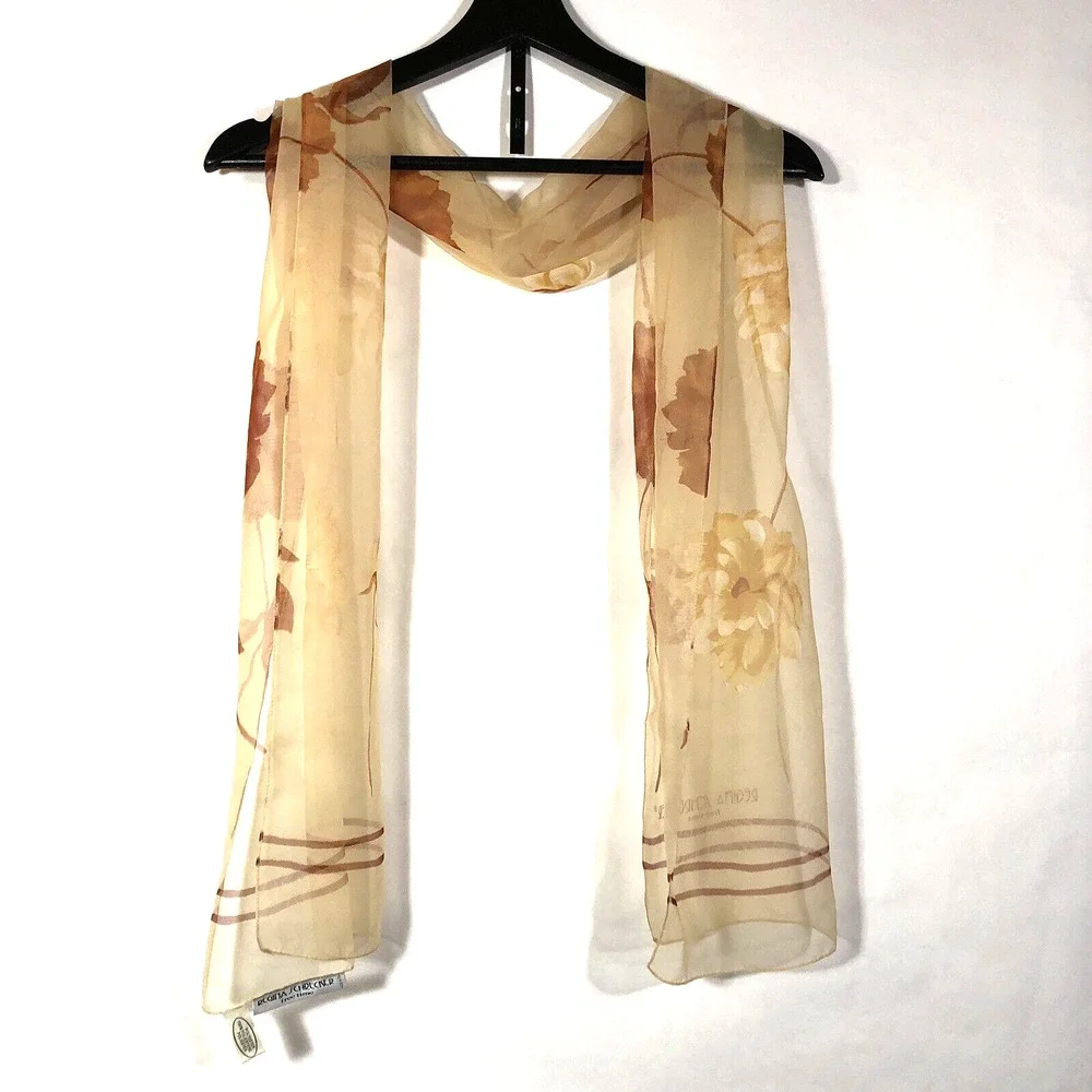 Regina Schrecker Rectangle Scarf Floral Tan Brown Sheer Vintage Retro Italian